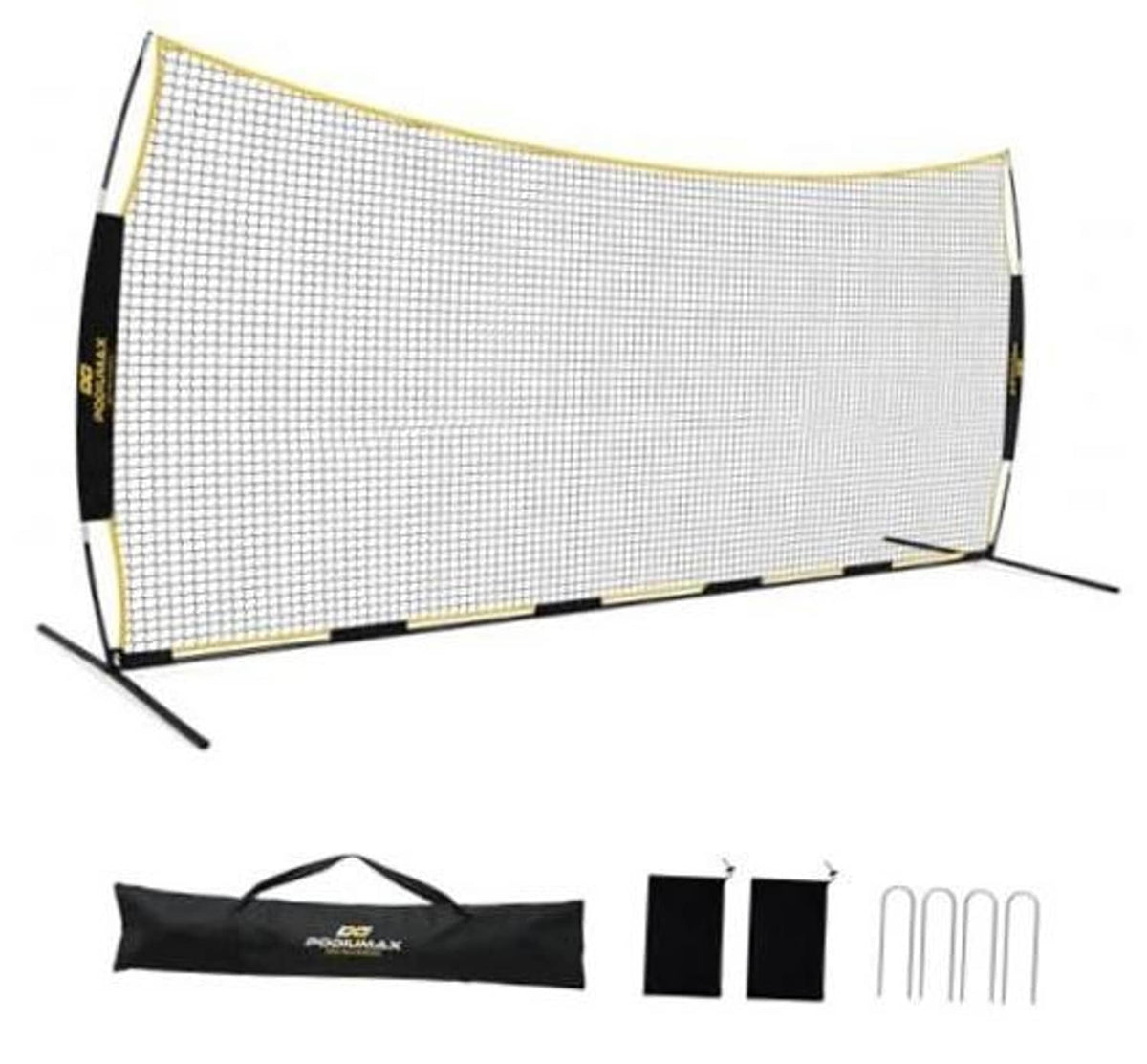 Lacrosse backstop net with yellow-trim frame and black corner sleeves on metal legs
