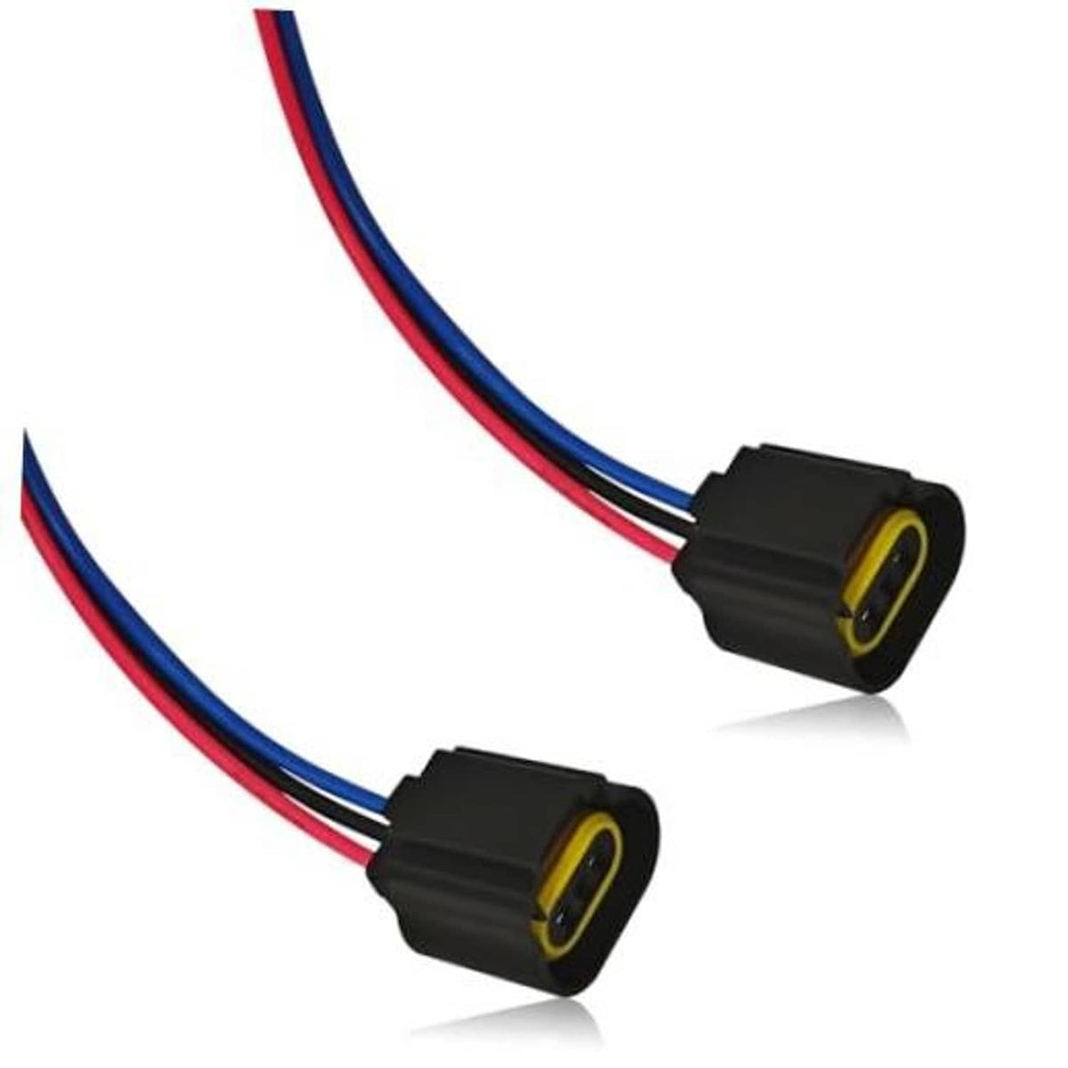 Headlight pigtail connector adapter with two cables, black housing, yellow 2-pin socket