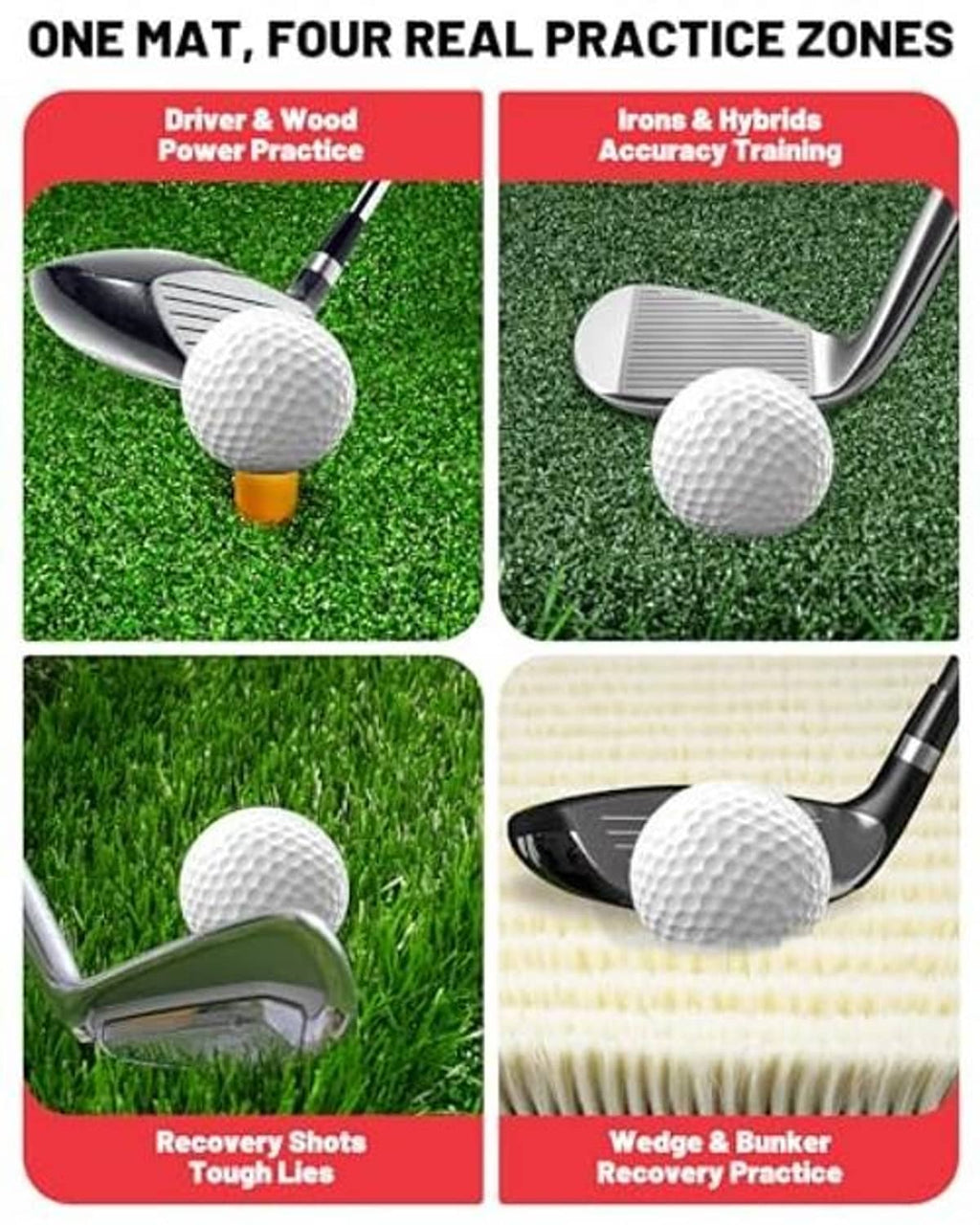4-zone golf practice mat with turf panels for driver, irons, and recovery shots