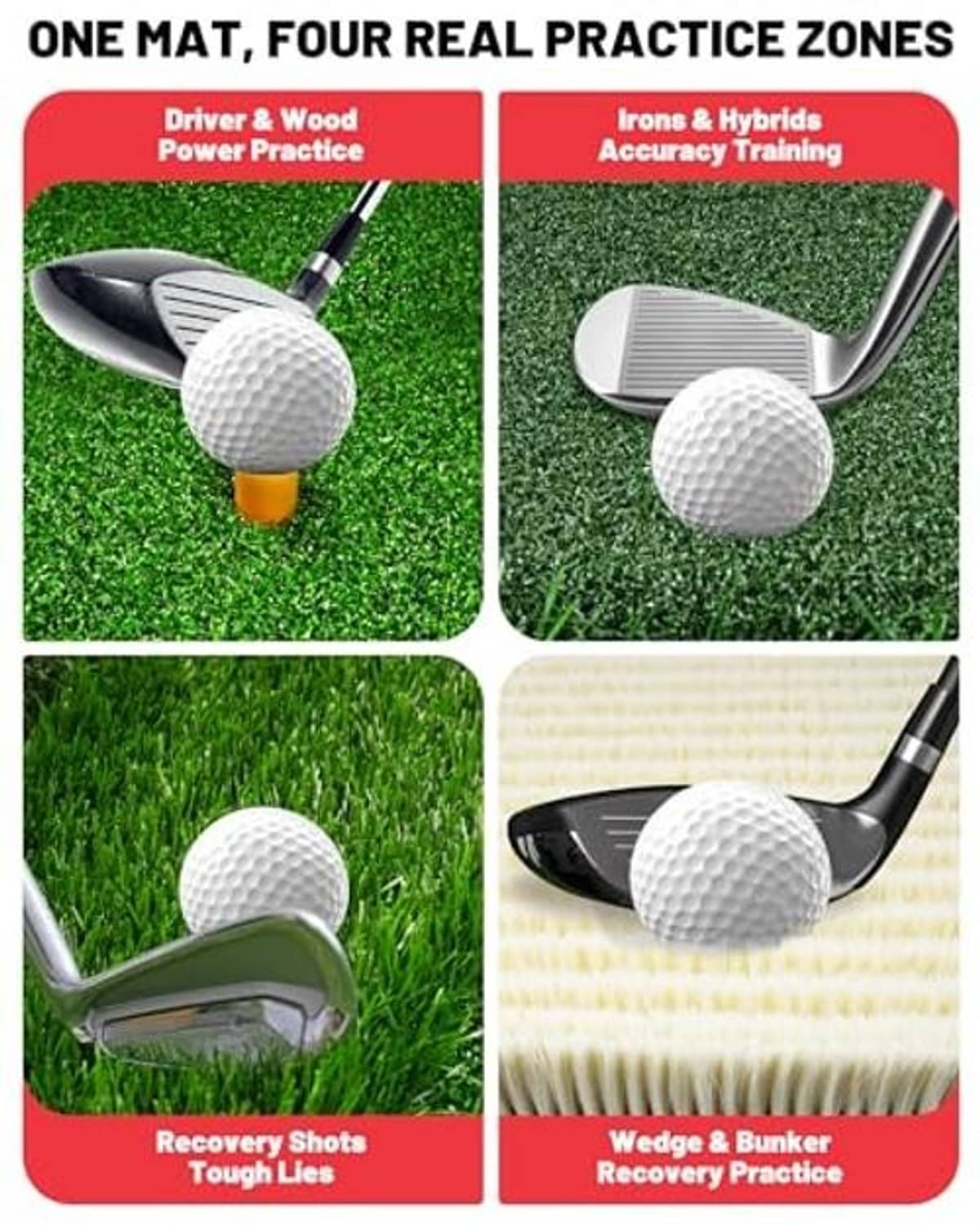 4-zone golf practice mat with turf panels for driver, irons, and recovery shots