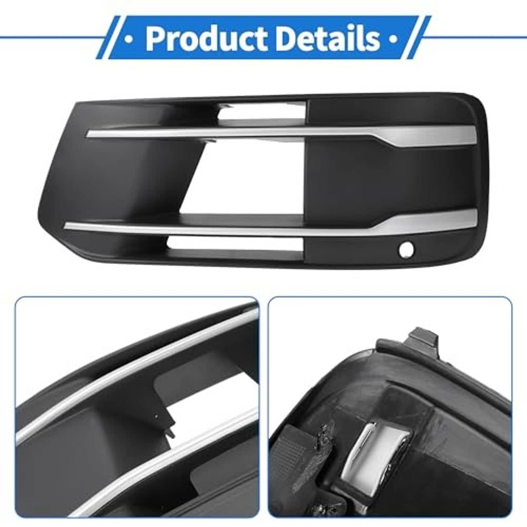Black fog light grill cover with chrome trim, corner detail and round mounting hole