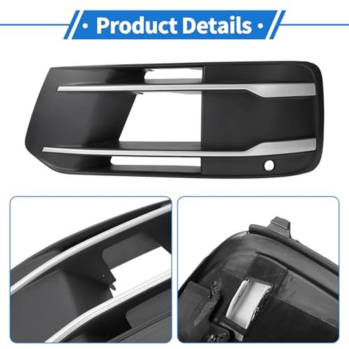Black fog light grill cover with chrome trim, corner detail and round mounting hole