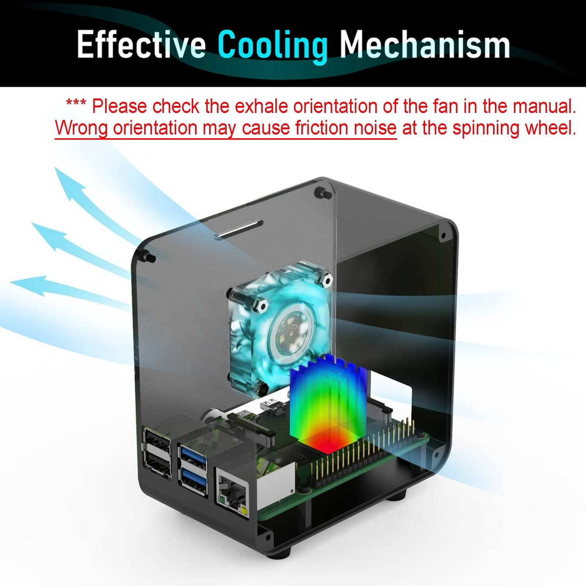 Aluminum Raspberry Pi case with cooling fan and internal RGB lighting, front view.