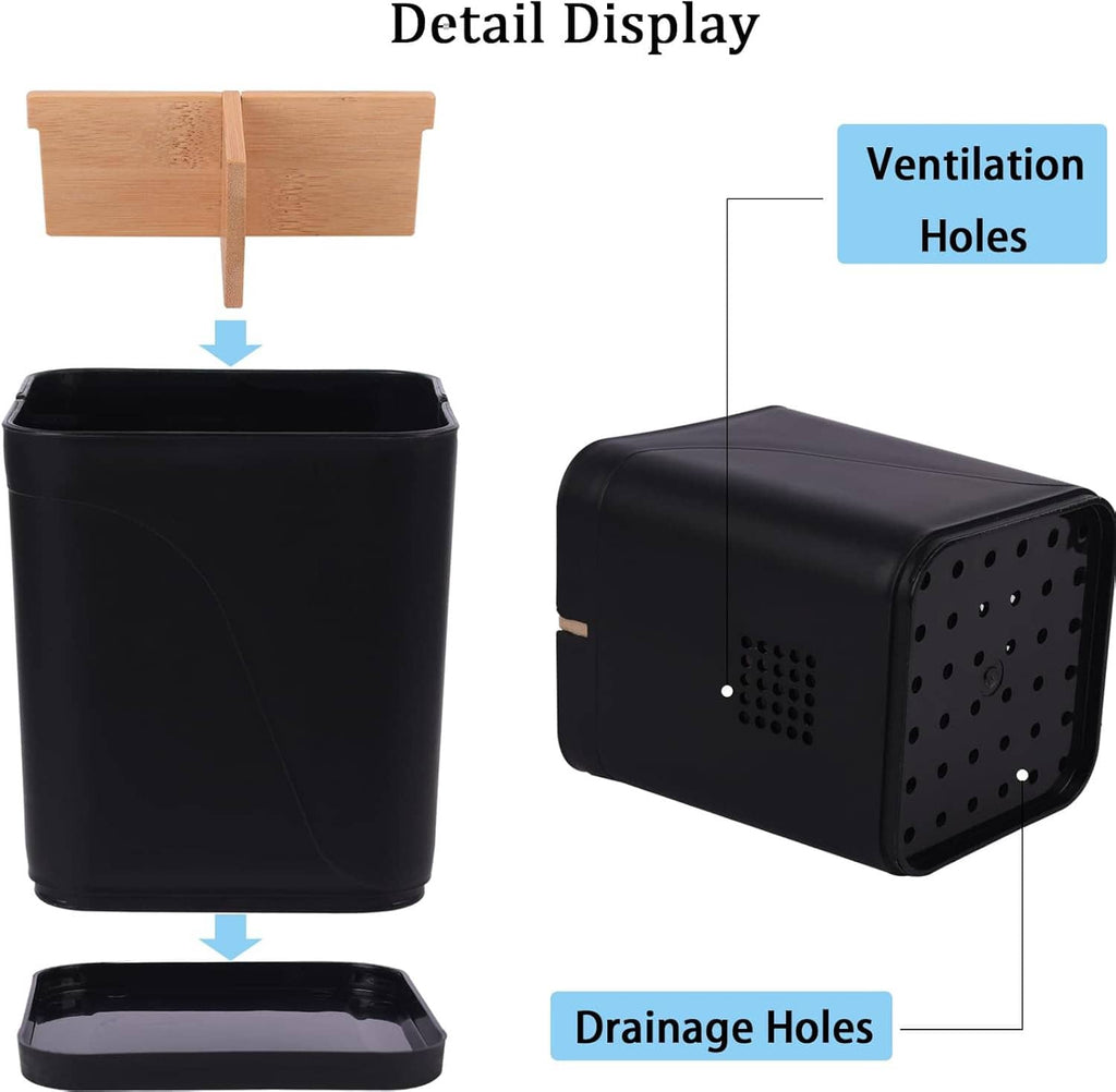 Black toothbrush holder showing ventilation holes and base drainage holes