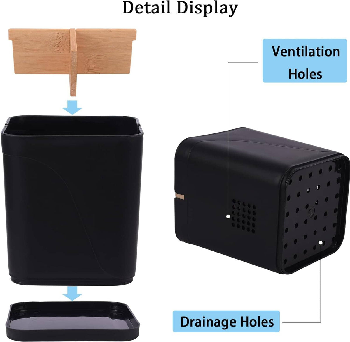 Black toothbrush holder showing ventilation holes and base drainage holes