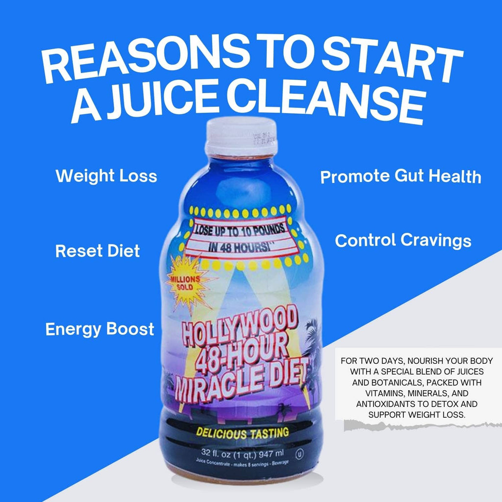 Fruit juice cleanse bottle on a blue marketing graphic promoting a juice cleanse