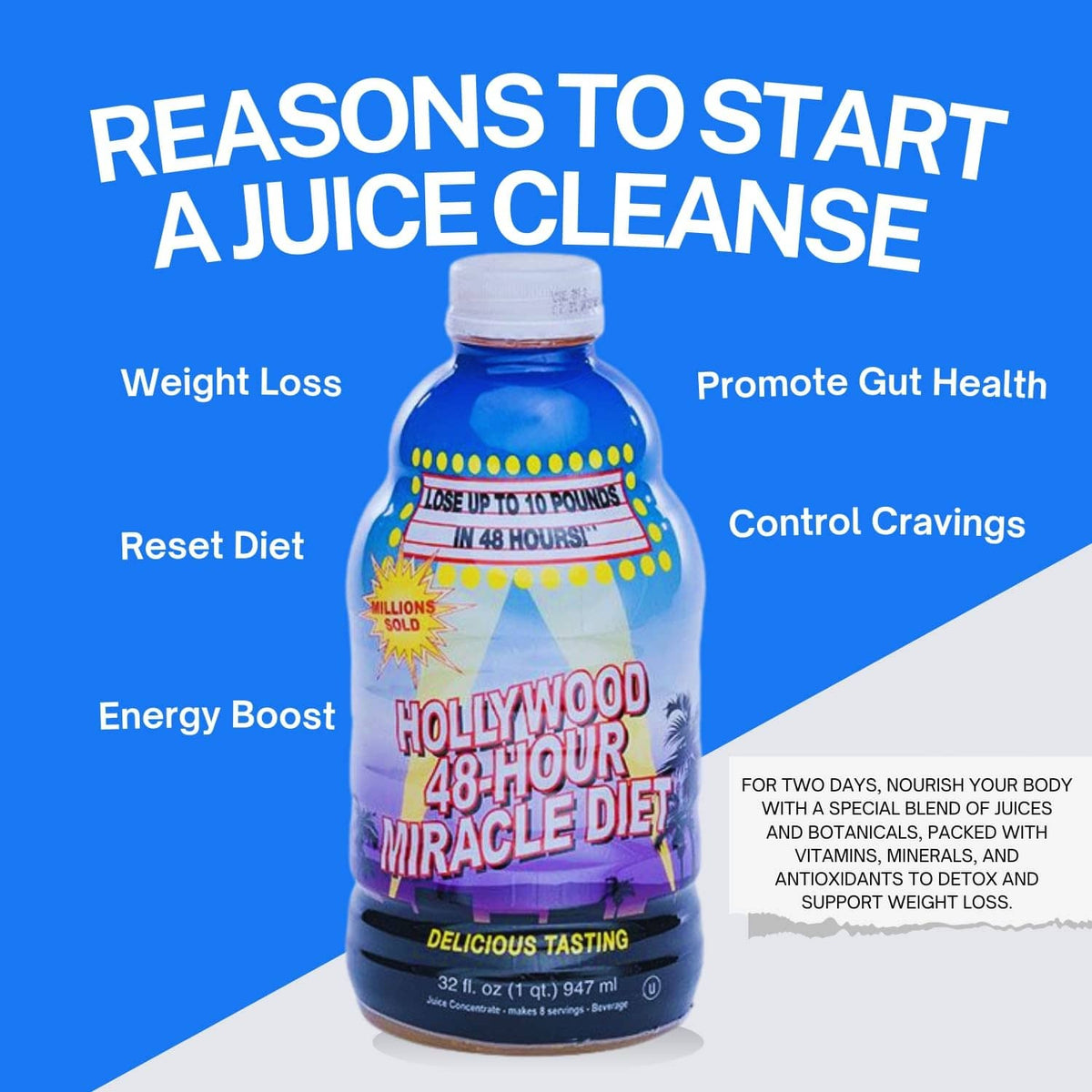Fruit juice cleanse bottle on a blue marketing graphic promoting a juice cleanse