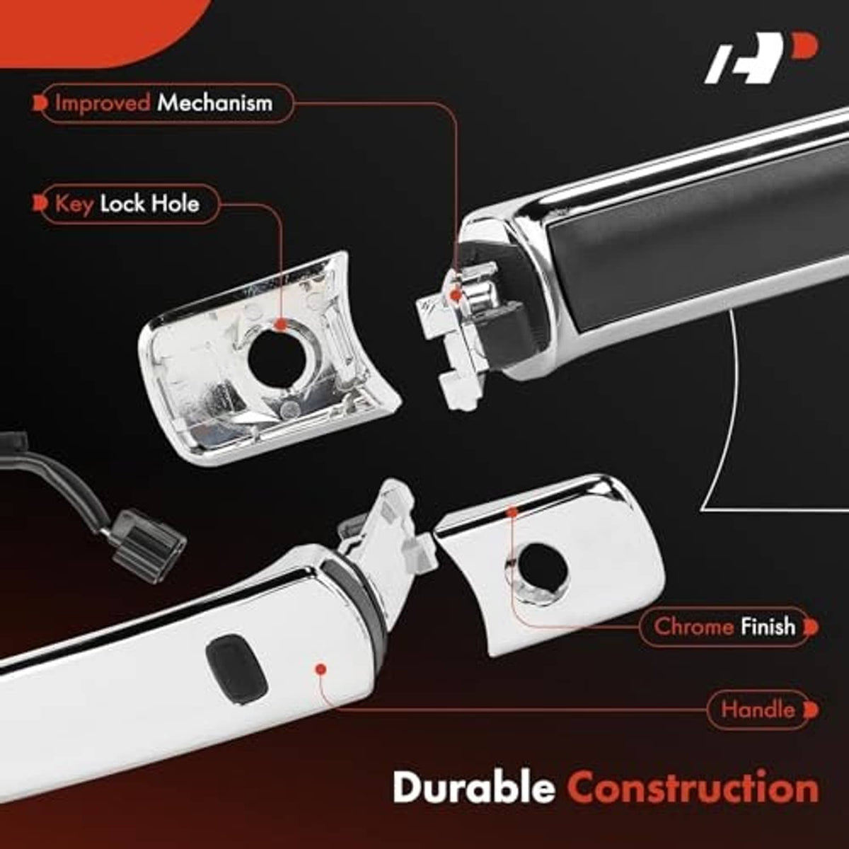 Front left exterior door handle parts, silver housing with chrome finish