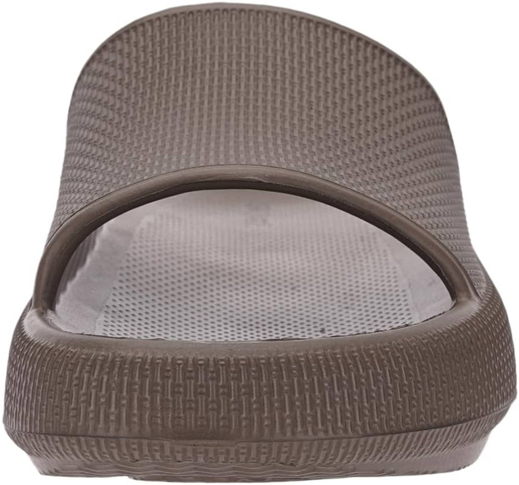 Brown slipper heel and sole edge with textured pattern and cushioned footbed