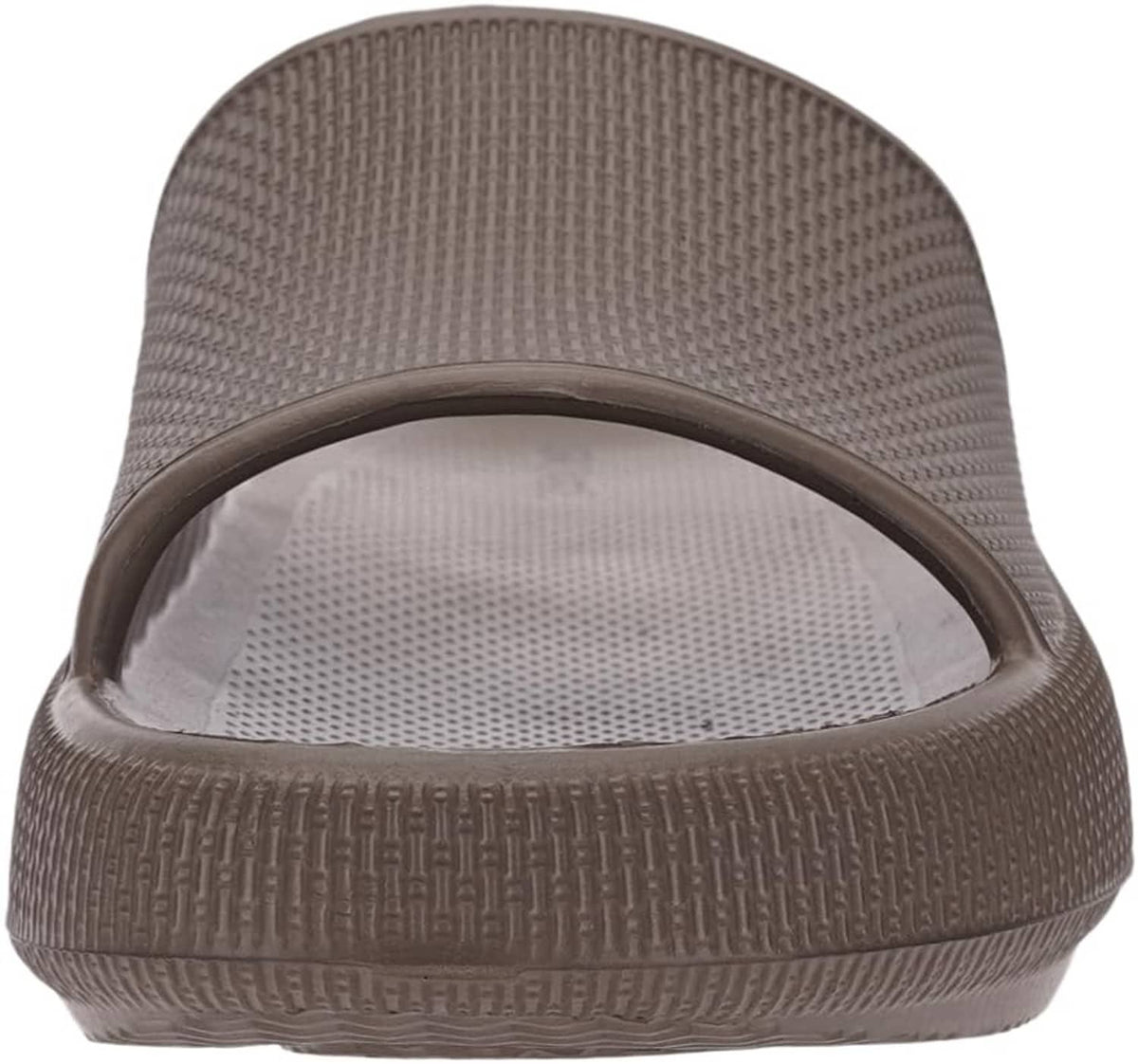 Brown slipper heel and sole edge with textured pattern and cushioned footbed