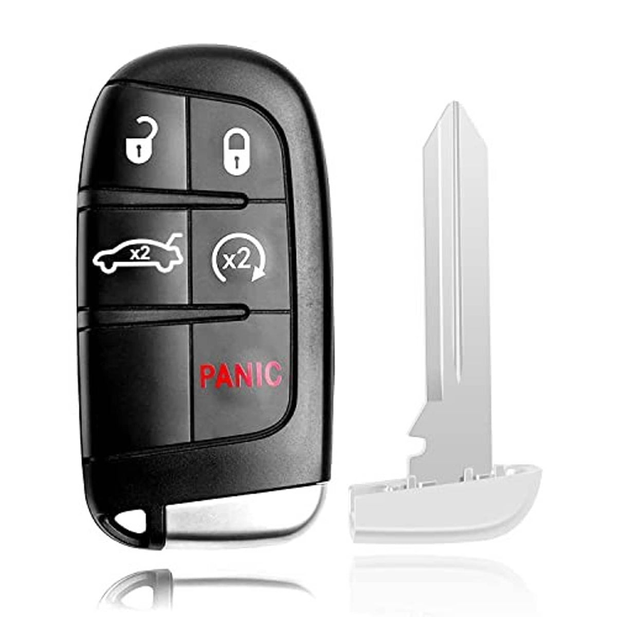 Black 5-button key fob with lock/unlock and PANIC plus metal key blade, alternate angle