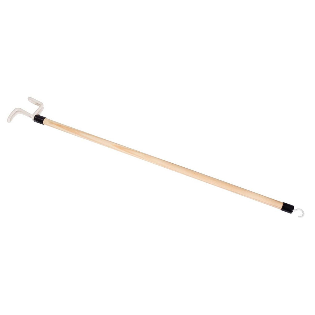 Mobility dressing stick with two white end hooks and light wood handle