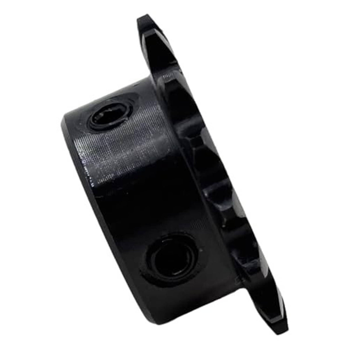 Side view of black roller chain sprocket with mounting hub and 12mm bore