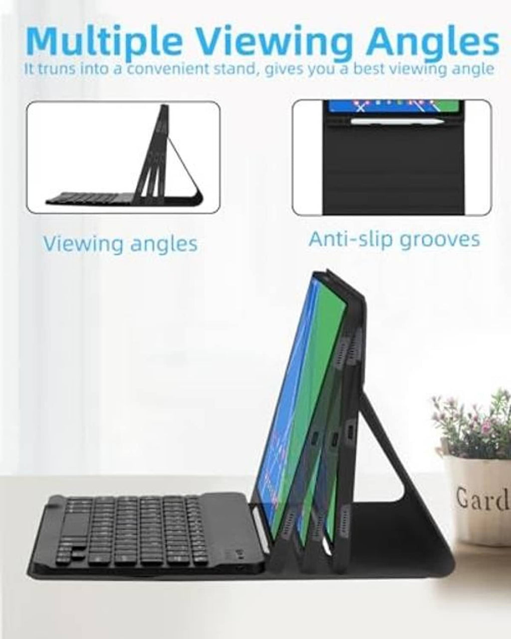 Black folio keyboard case with multiple viewing angles and anti-slip grooves