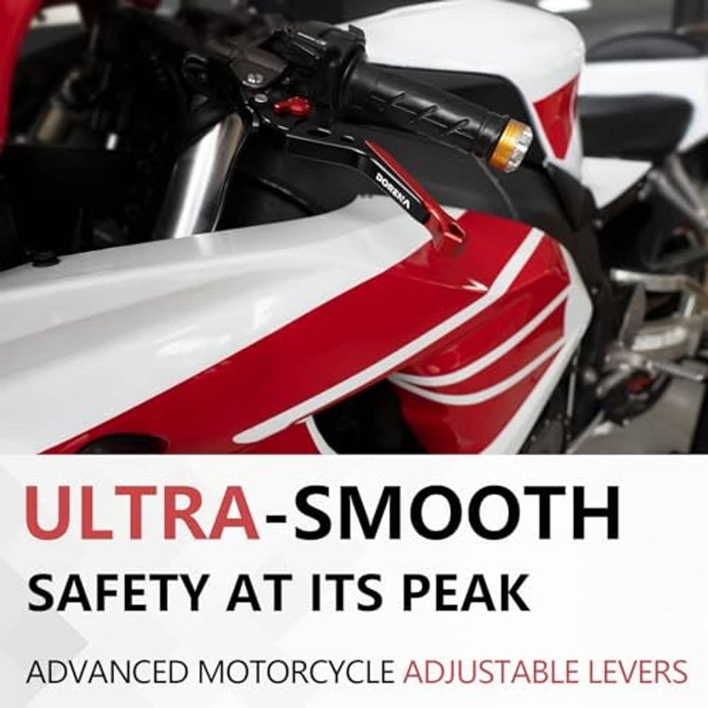 Motorcycle with installed adjustable levers, black arms with red accents near the handlebars