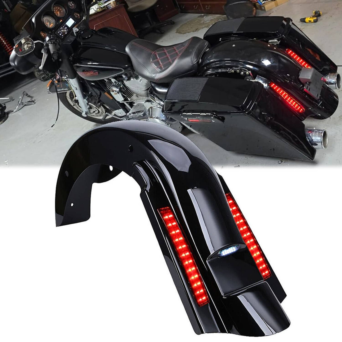 Rear fender extension shown on motorcycle, featuring red LED light strips along the sides