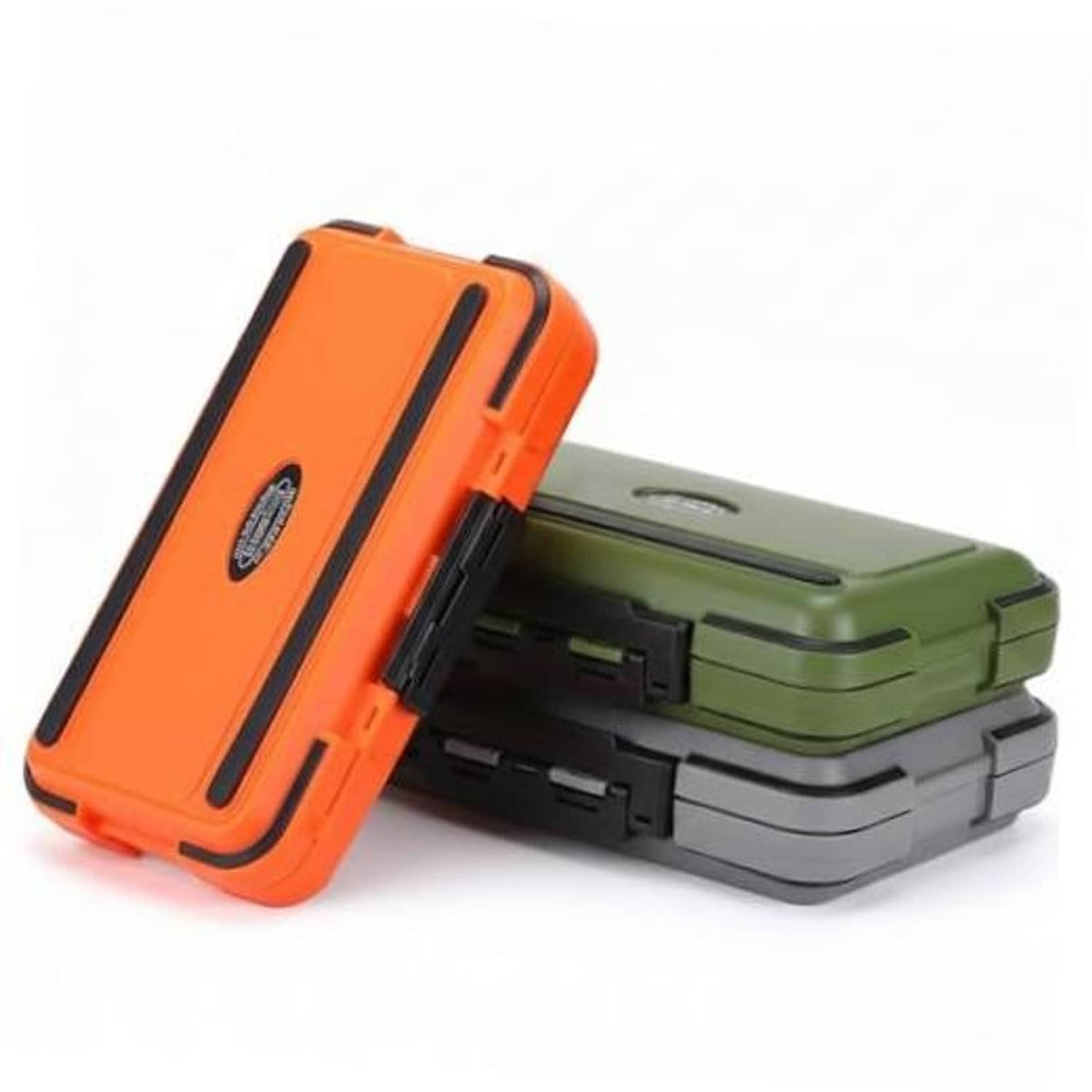 Mini waterproof tackle box organizer, orange lid and olive base, hinged double-lock case