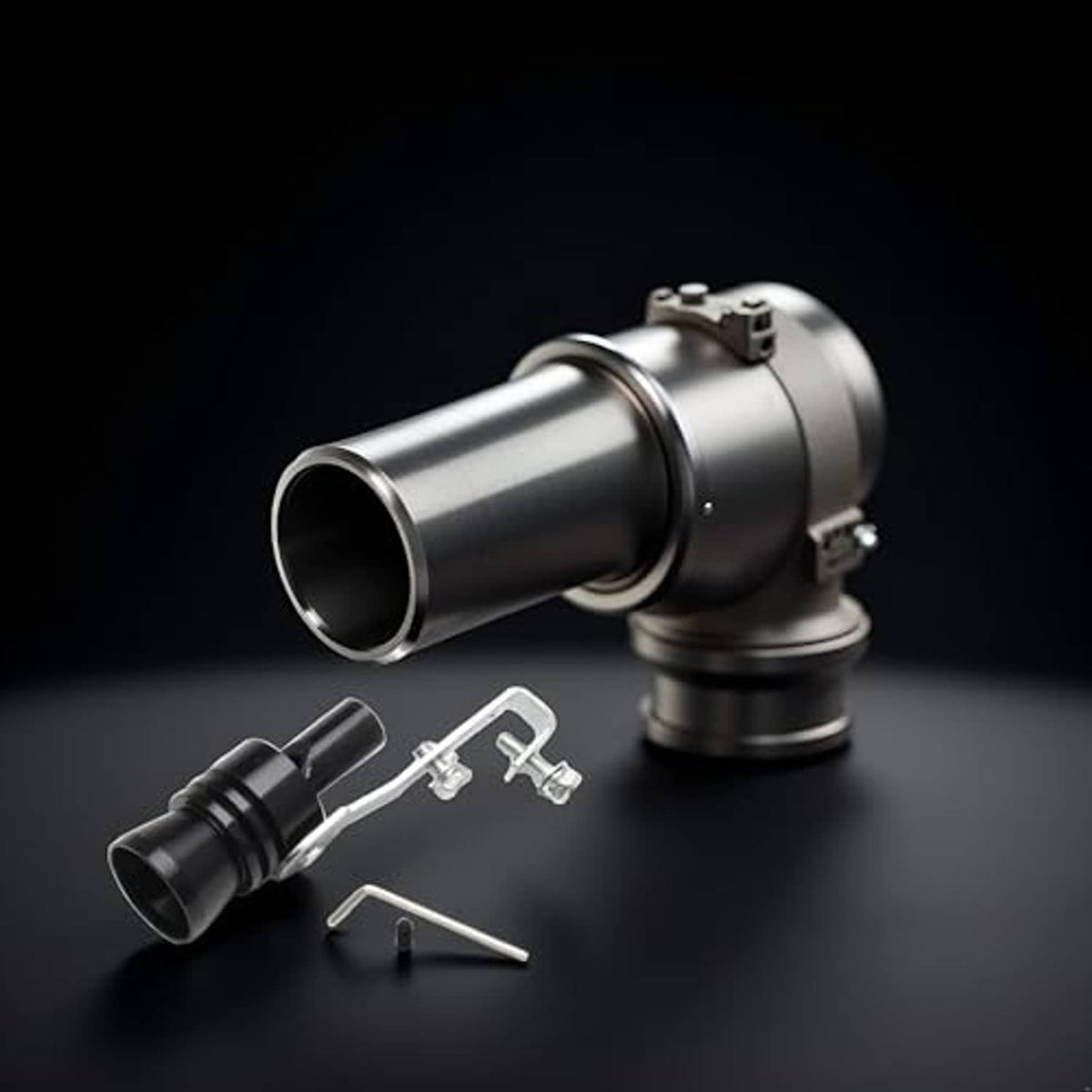 Turbo sound exhaust whistle muffler pipe with black mounting bracket and silver clamp hardware