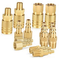 Brass air hose fitting set with multiple 1/4" NPT threaded connectors and couplers