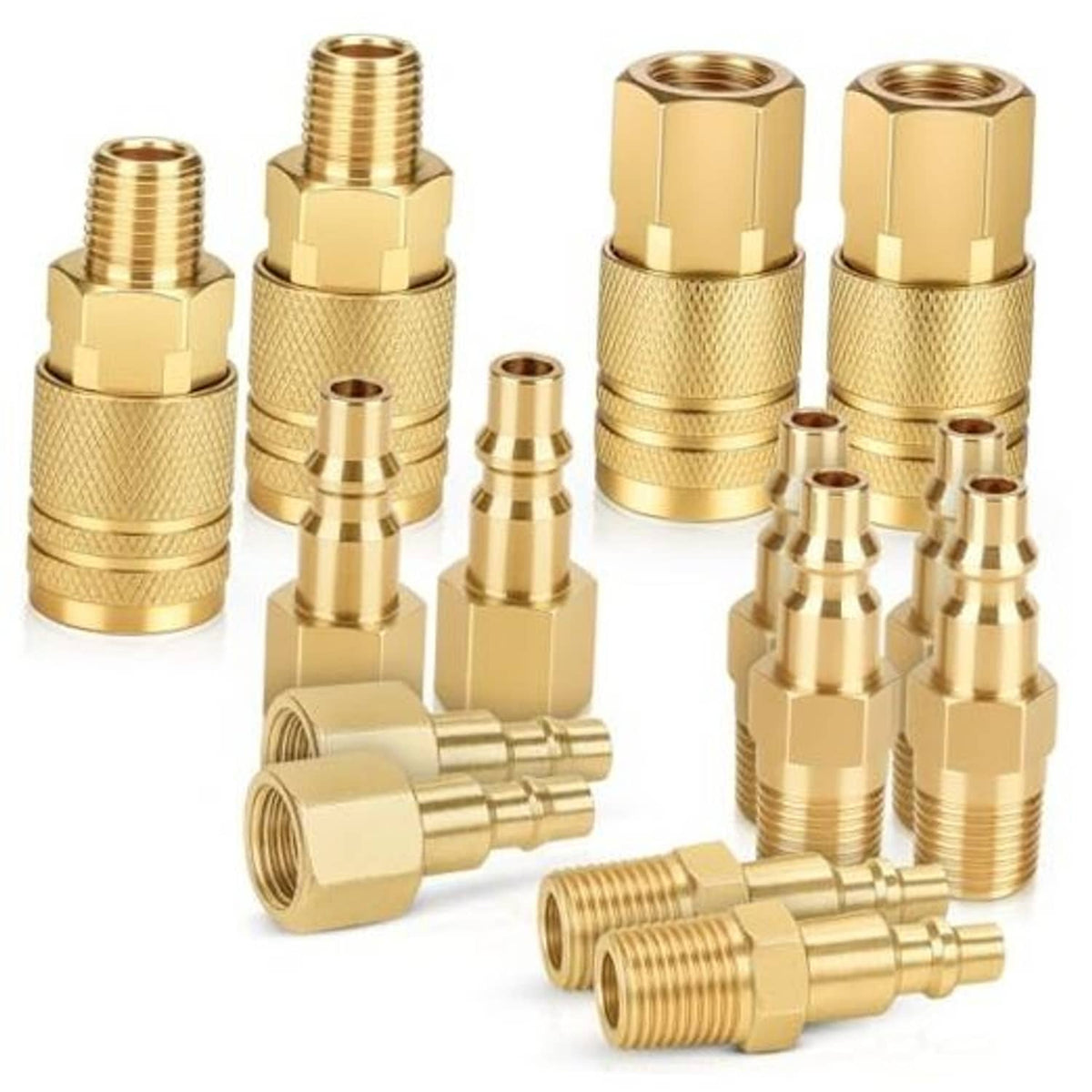 Brass air hose fitting set with multiple 1/4" NPT threaded connectors and couplers