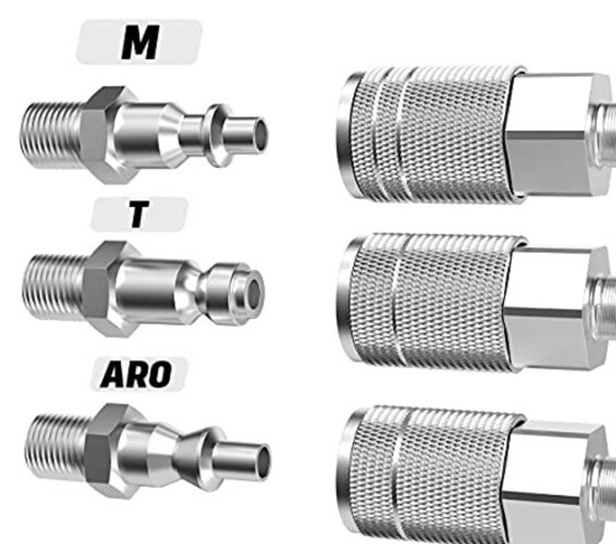 Metal industrial air plug fitting with hose barb, M-type style connection parts
