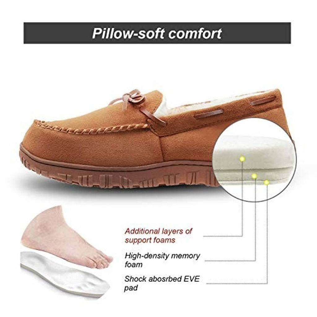 Brown men's moccasin slippers with lace bow, cushioned multi-layer design