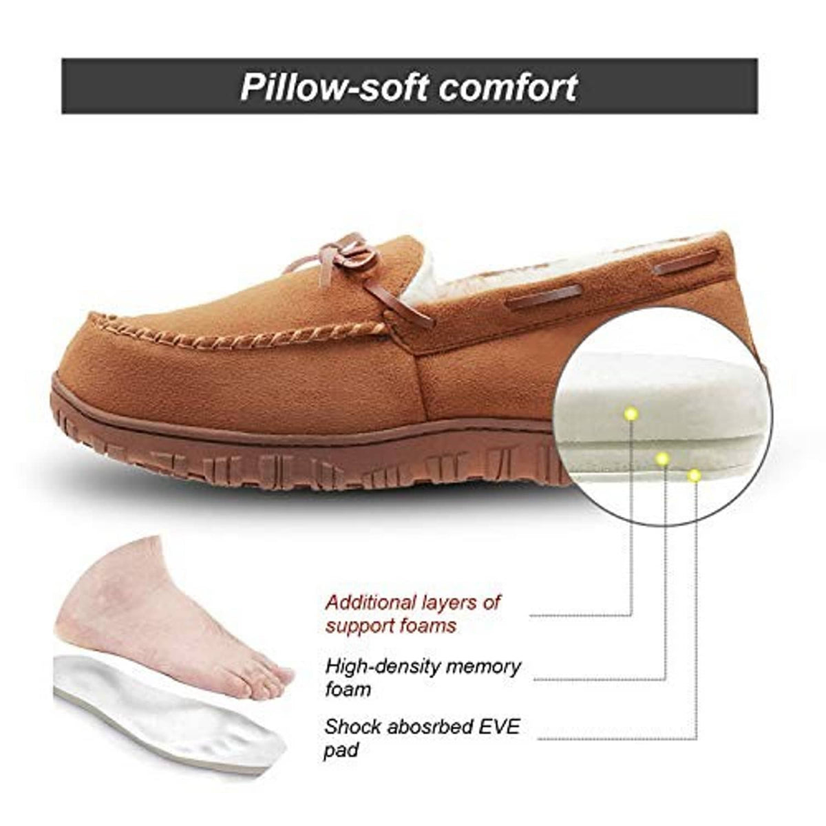 Brown men's moccasin slippers with lace bow, cushioned multi-layer design