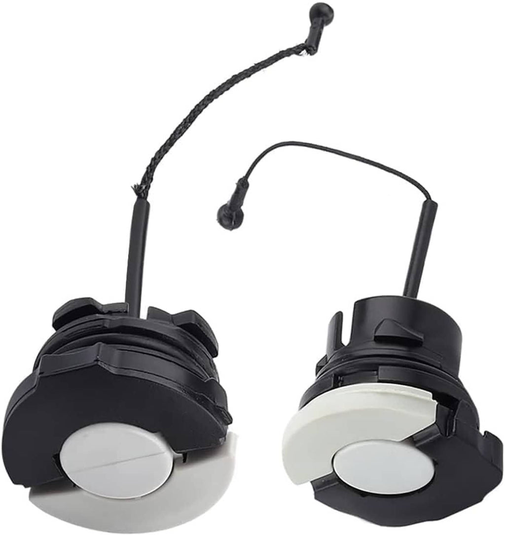 Chainsaw fuel and oil caps pair with white buttons, black housings, and curved cords