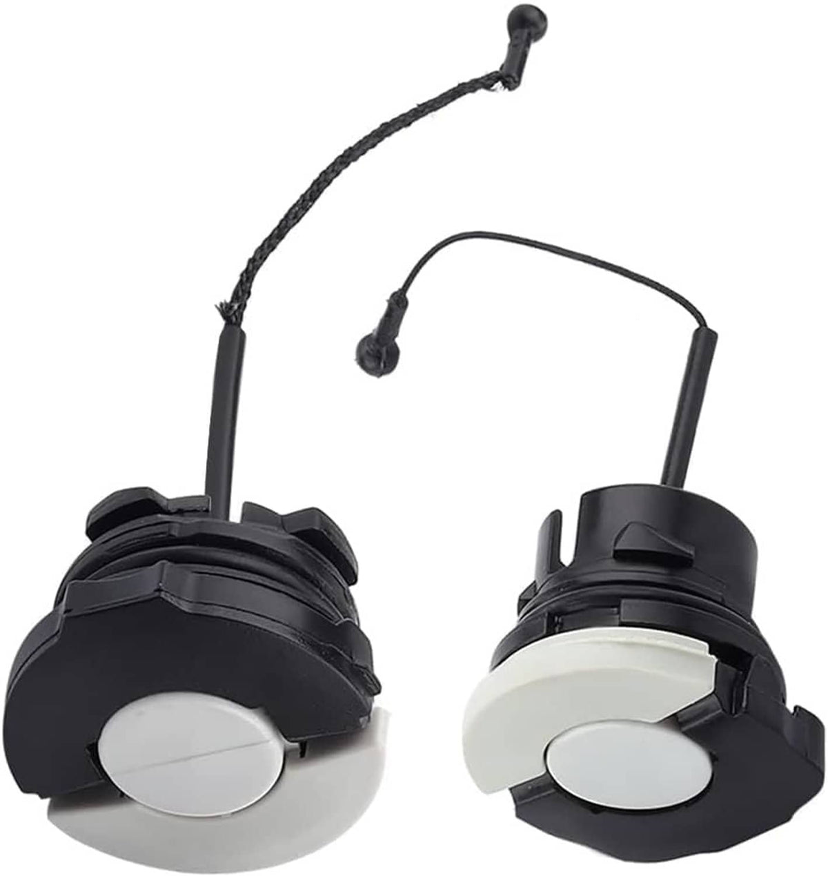 Chainsaw fuel and oil caps pair with white buttons, black housings, and curved cords