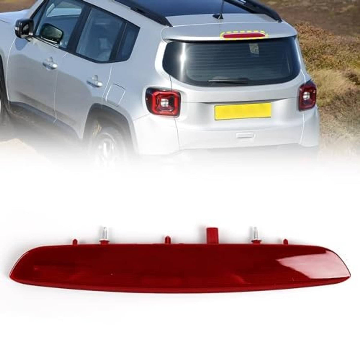 Red high mount third brake light lens, wide curved strip with visible mounting posts