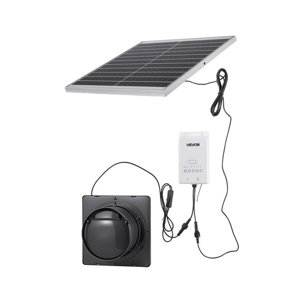 Solar ventilation fan kit: fold-out solar panel, controller box, and black fan