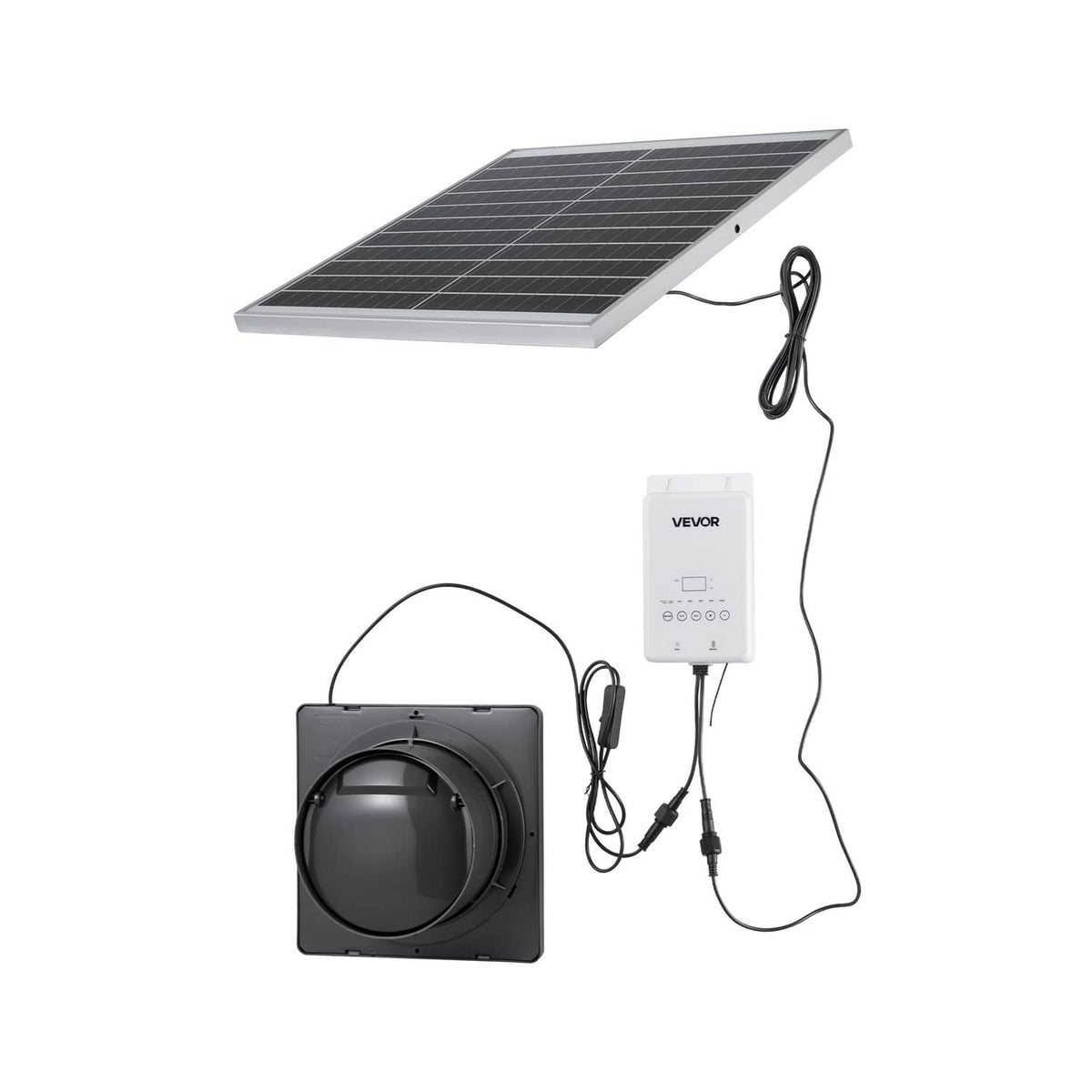 Solar ventilation fan kit: fold-out solar panel, controller box, and black fan