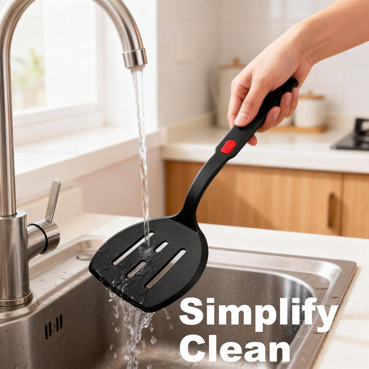 Black silicone pancake spatula with red grip tab, slotted head rinsed under running water