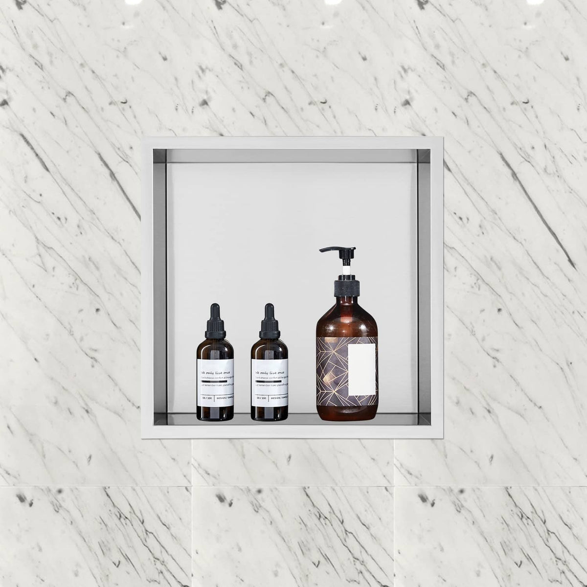 Uimoso stainless steel shower niche holding bottles and soap pump