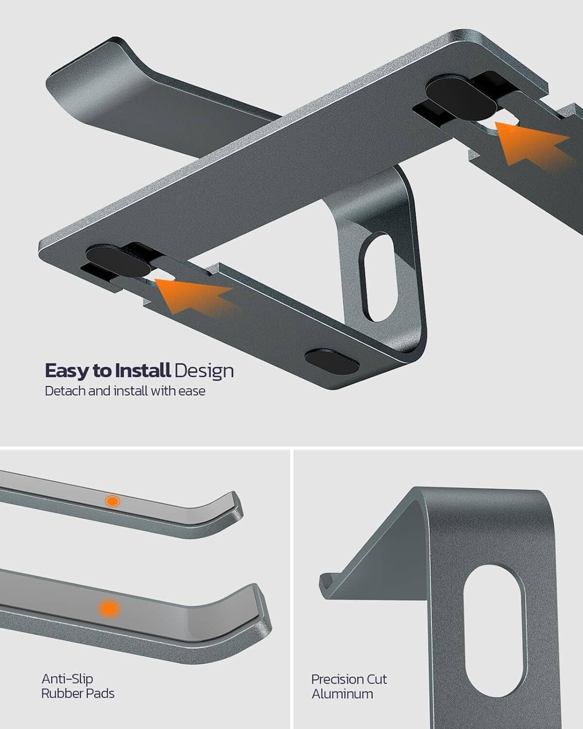 Adjustable dark gray laptop stand riser with anti-slip rubber pads and aluminum arms