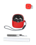 Soft red silicone earbuds case with keychain clip, open top, earbuds inside