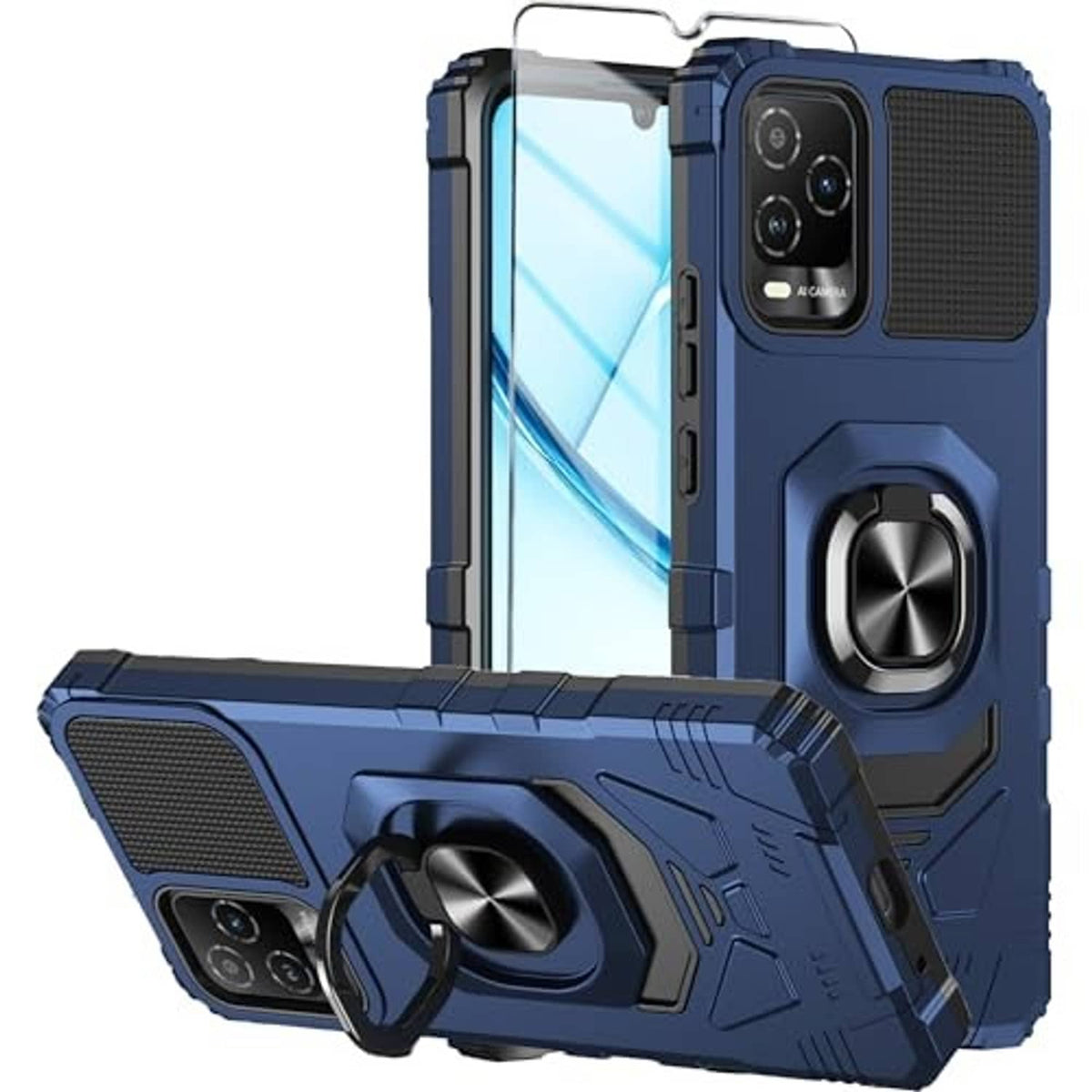 Blue rugged phone case with tempered glass screen protector and raised edges for protection