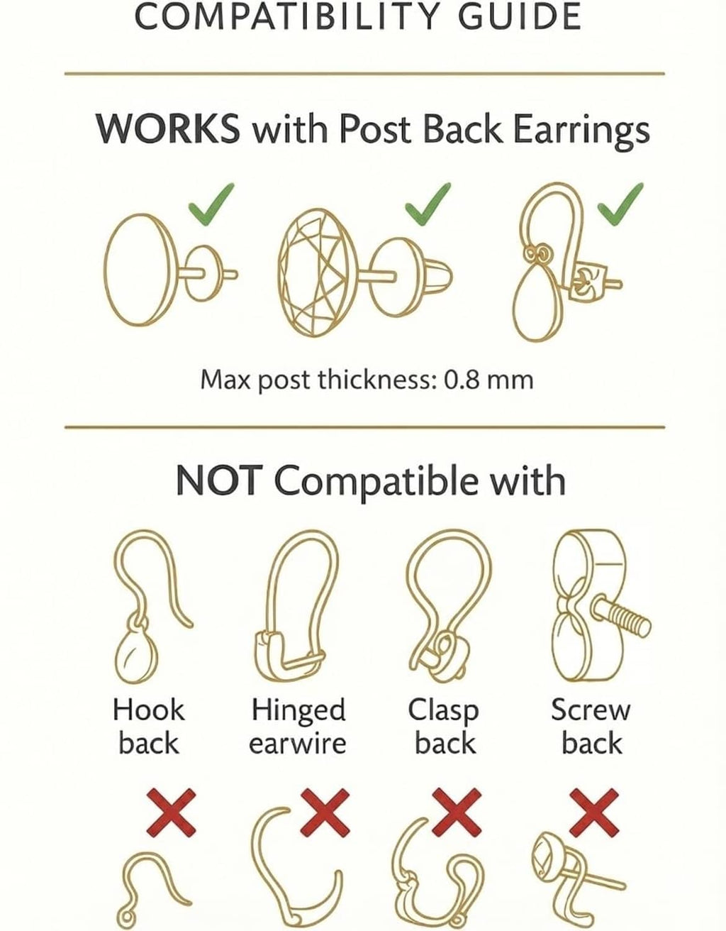 Compatibility chart for post back earrings, with max post thickness 0.8 mm