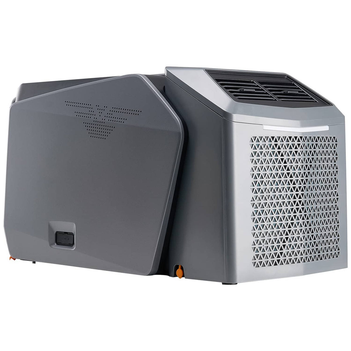 Light gray portable air conditioner from side angle with top vent and front outlet
