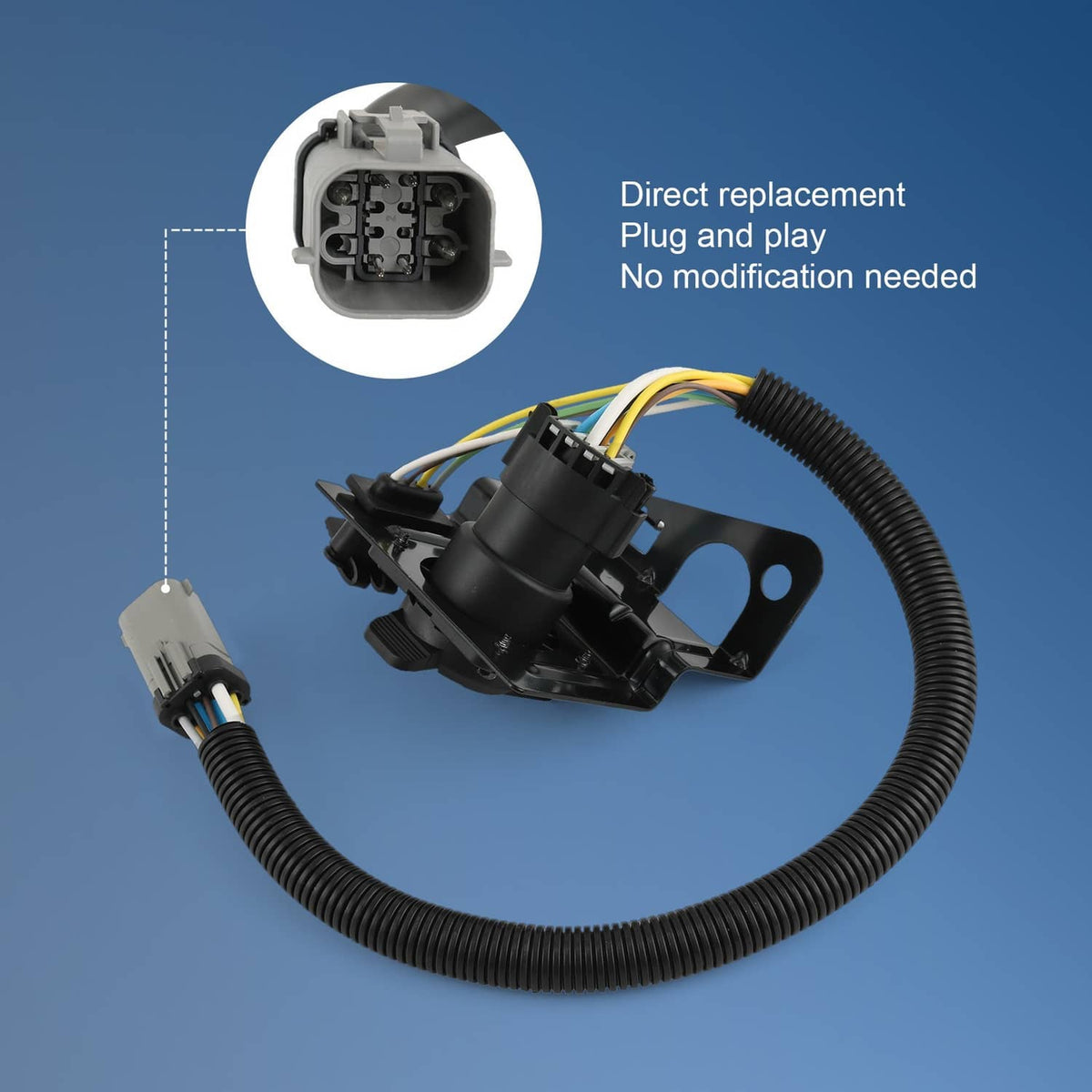 Trailer tow wiring harness plug with black module, gray connector, and color wires