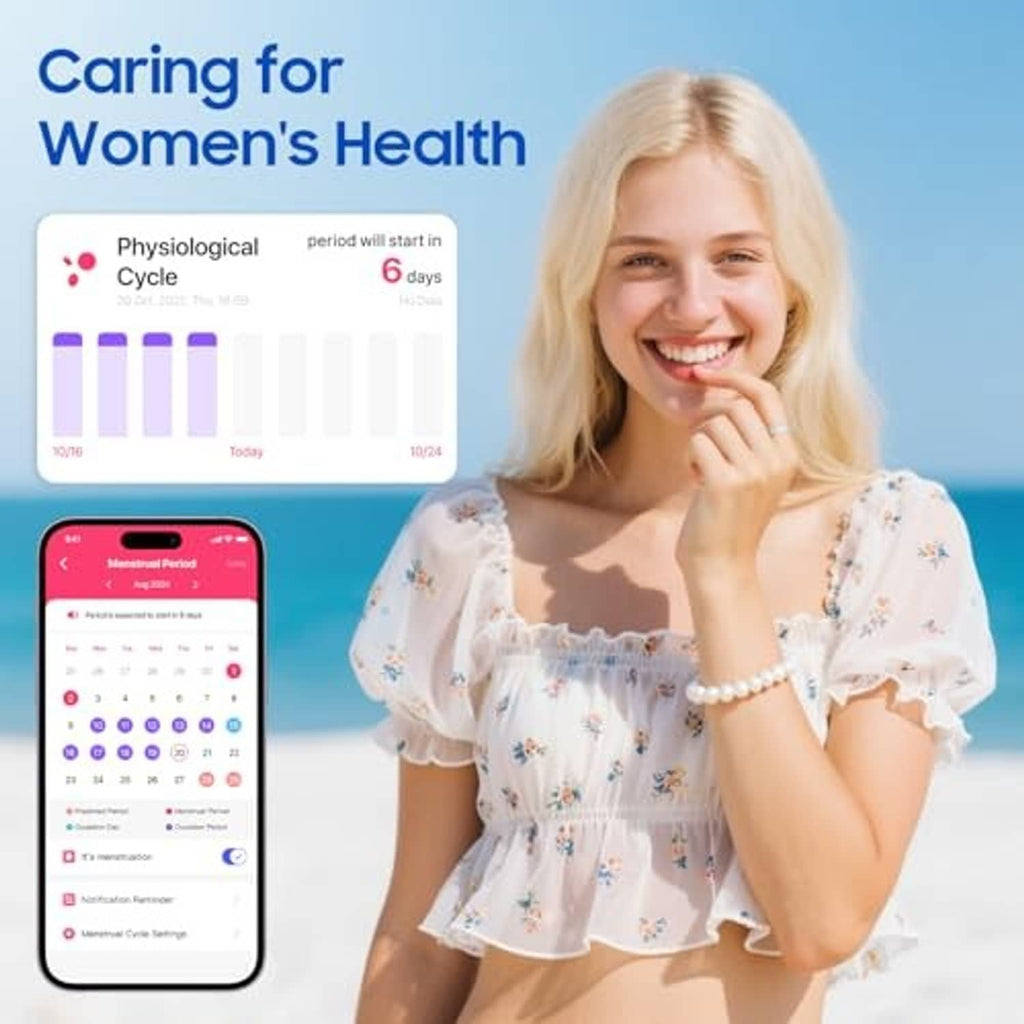 Women's health cycle tracking app screen on smartphone with menstrual period timeline