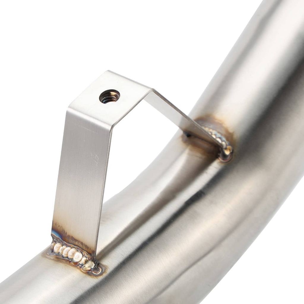 Stainless exhaust mid link pipe with mounting bracket and welded seam, close-up