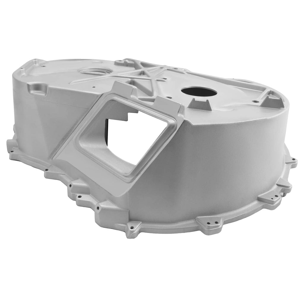 Aluminum inner clutch cover with rectangular window, circular threads, and mounting tabs