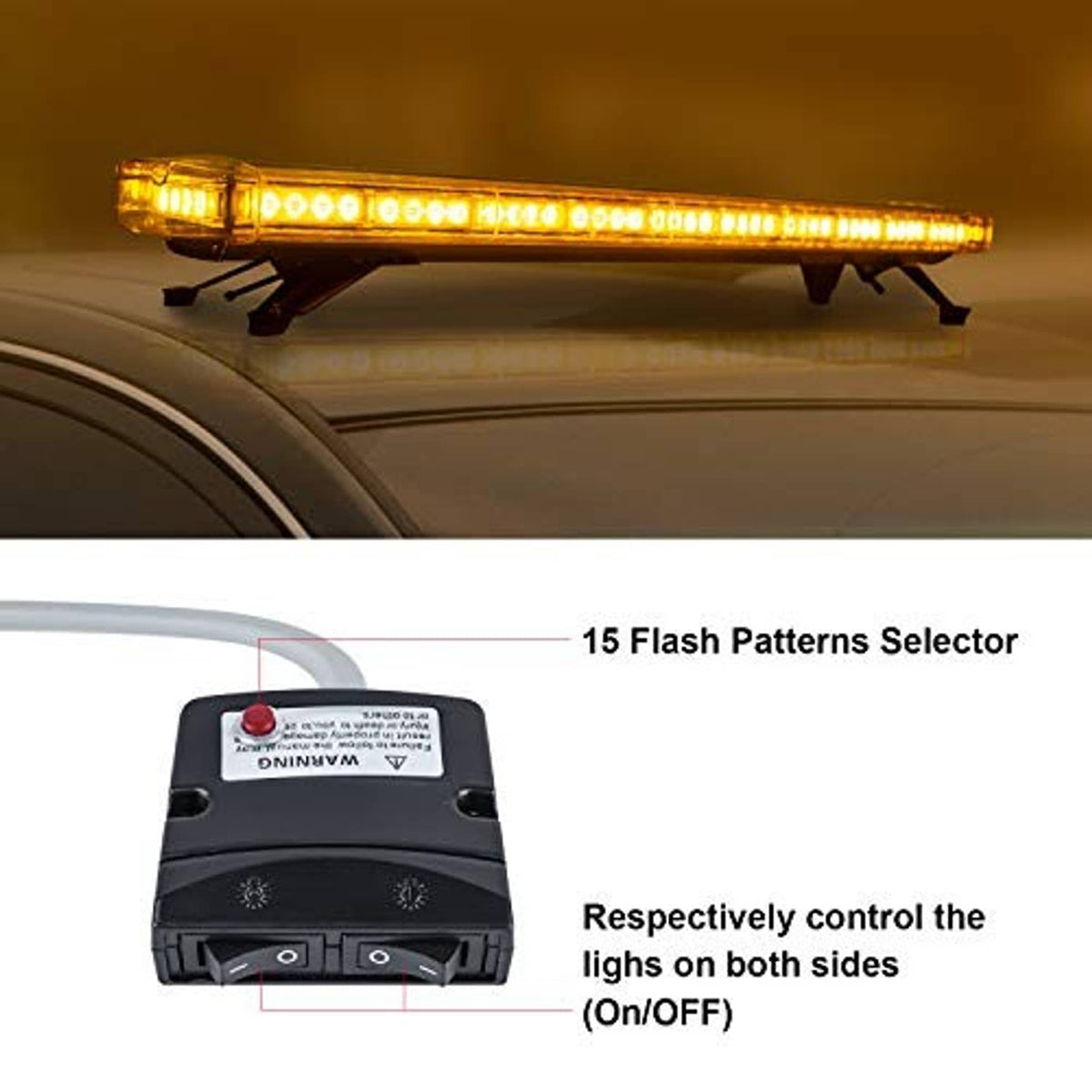 Amber LED strobe light bar mounted on vehicle roof, lit glow with selector module