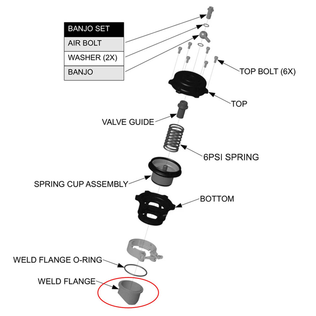 Exploded parts diagram showing weld flange o-ring and banjo set components