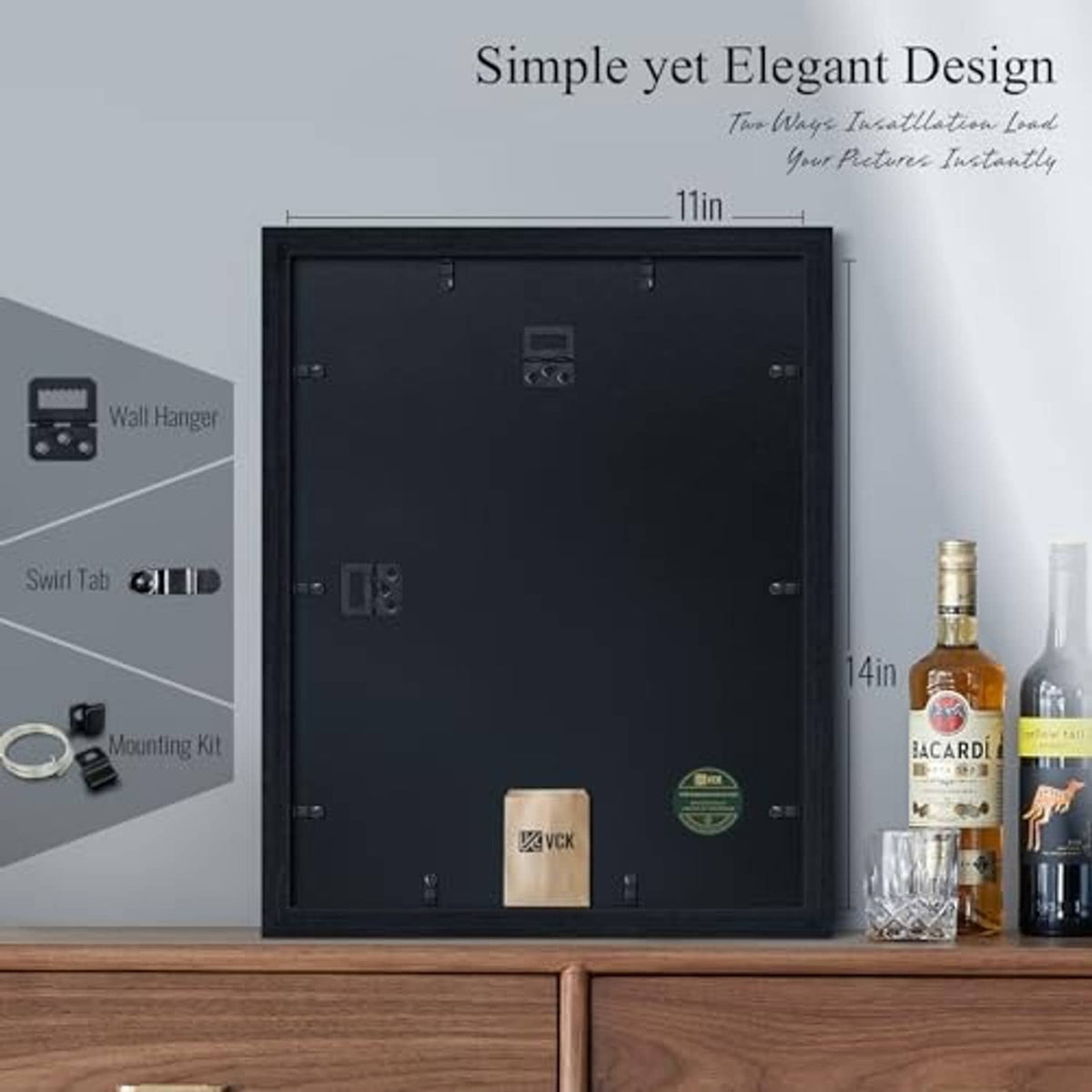 Black oak picture frame back with wall-hanging hooks and mounting hardware, glass-ready.