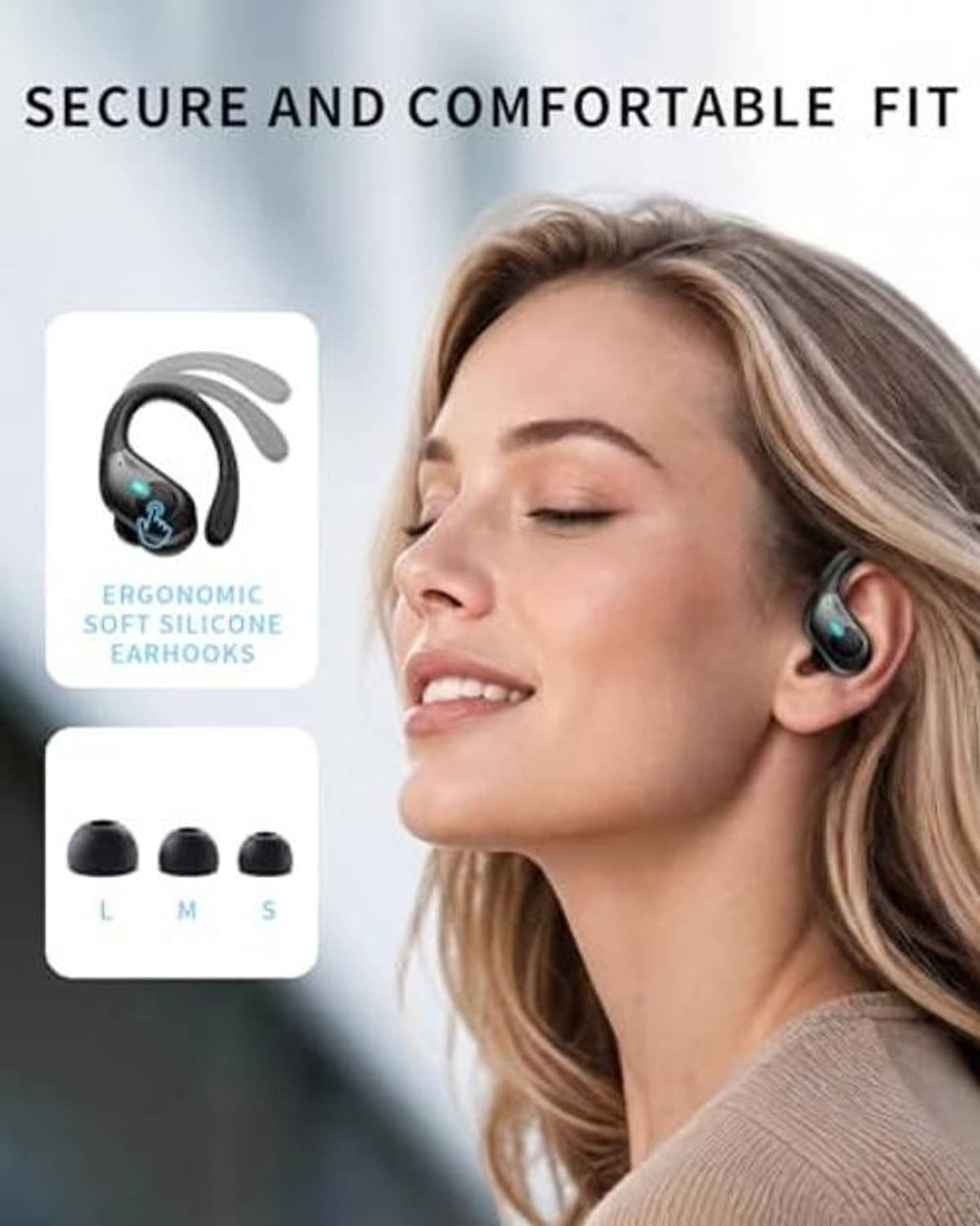 Black wireless earbud in ear with ergonomic soft silicone earhook tips