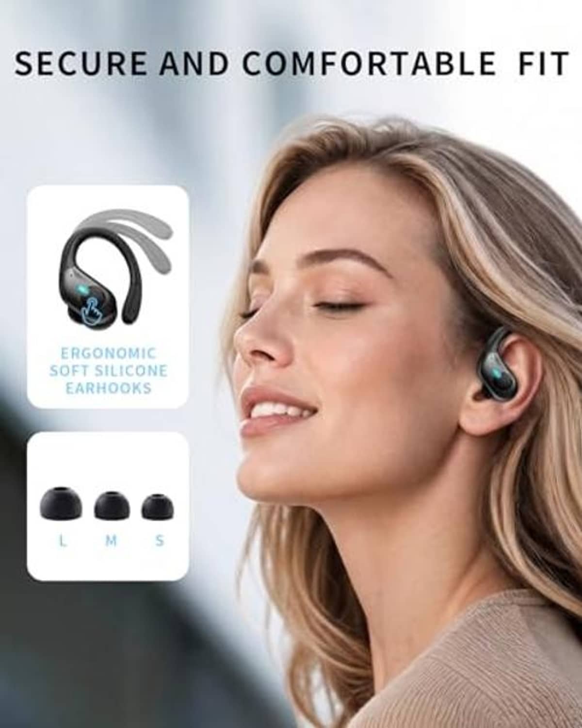 Black wireless earbud in ear with ergonomic soft silicone earhook tips