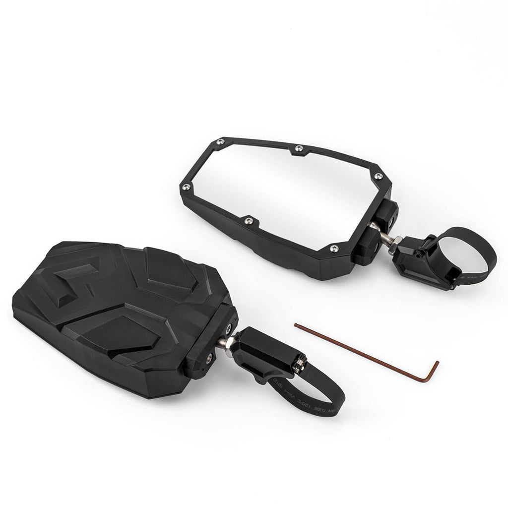 UTV side view mirror set, black rectangular housings, mounting bracket and Allen key