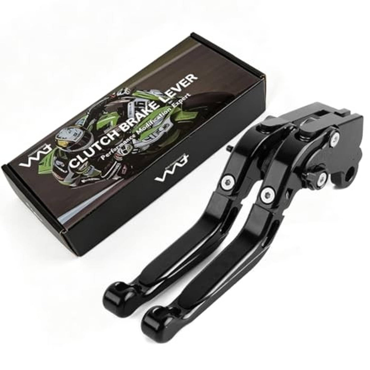Black CNC folding brake and clutch lever set, angled view with mounting hardware